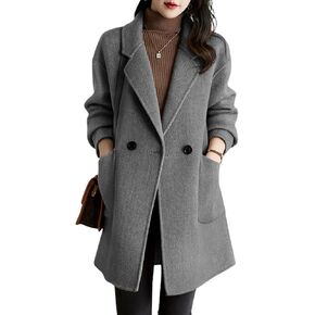 chouyatou Women's Notch Lapel Herringbone Wool Coat Formal Office Work Double Breasted Winter Pea Coat