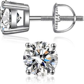 Stud Earrings with Screw Back, 925 Sterling Silver Cubic Zirconia Round/Square Cut Stud Earrings for Women and Men, Long & Thick Post, 4MM-8MM