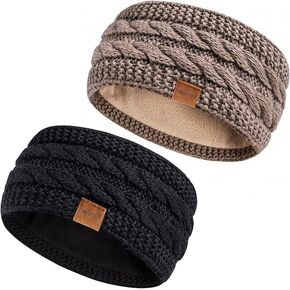 Winter Headbands for Women Wool 2 Pack, Ear Warmers for Women Headband Knit Thick Fleece Lined, Cold Weather Warm Ear Muffs(Black+Khaki)
