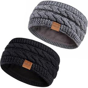 Winter Headbands for Women Wool 2 Pack, Ear Warmers for Women Headband Knit Thick Fleece Lined, Cold Weather Warm Ear Muffs(Black+Soft Gray)