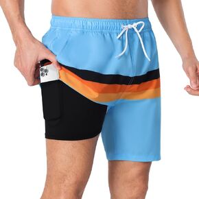 Mens Swim Trunks with Compression Liner, 7" Quick Dry Bathing Suits Stretch Swimming Shorts Men's Swimwear