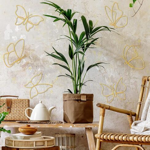 Hotop 6 Pieces Metal Butterfly Wall Decor Metal Wall Art Heart Hanging Decorations Wire Flowers Decor Wall Decals for Kitchen Bathroom Indoor Outdoor Wedding Birthday Party (Gold,Butterfly) in Kuwait