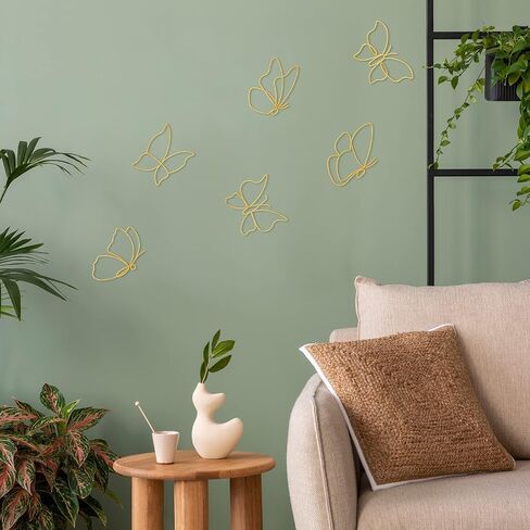 Hotop 6 Pieces Metal Butterfly Wall Decor Metal Wall Art Heart Hanging Decorations Wire Flowers Decor Wall Decals for Kitchen Bathroom Indoor Outdoor Wedding Birthday Party (Gold,Butterfly) in Kuwait