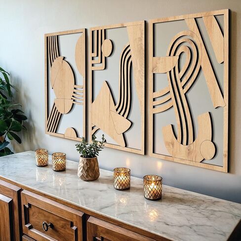 qmmp Modern Wooden Wall Sculptures - Set of 3 - MDF - Oak - Home Decor Accent - Large Wall Art for Living Room, Bedroom, Office - Easy Installation (Walnut, Medium - Mountain and Sun, Unframed) in Saudi Arabia