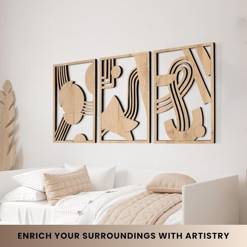 qmmp Modern Wooden Wall Sculptures - Set of 3 - MDF - Oak - Home Decor Accent - Large Wall Art for Living Room, Bedroom, Office - Easy Installation (Walnut, Medium - Mountain and Sun, Unframed) in Saudi Arabia