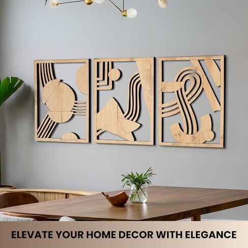 qmmp Modern Wooden Wall Sculptures - Set of 3 - MDF - Oak - Home Decor Accent - Large Wall Art for Living Room, Bedroom, Office - Easy Installation (Walnut, Medium - Mountain and Sun, Unframed) in Saudi Arabia