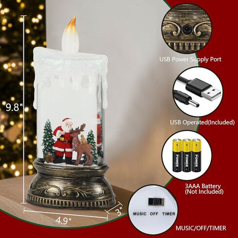 فانوس كرة الثلج الموسيقية من درومانس مع مؤقت 6 ساعات، يعمل بالبطارية ويعمل بمنفذ USB مضاء يغني على شكل كرة ثلجية على شكل شمعة مصباح دوار مائي يلمع ديكور العطلات - سانتا دير in Kuwait