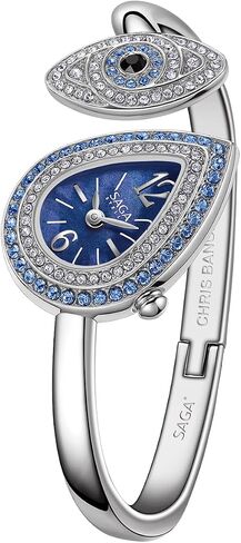 SAGA Angel's Eye Women's Luxury Cuff Bracelet Watch, Swiss Ronda Quartz Movement, Teardrop-Shaped Dial, 30M Water Resistant, 316L Stainless Steel Bracelet with 129 Danube Crystals in Kuwait