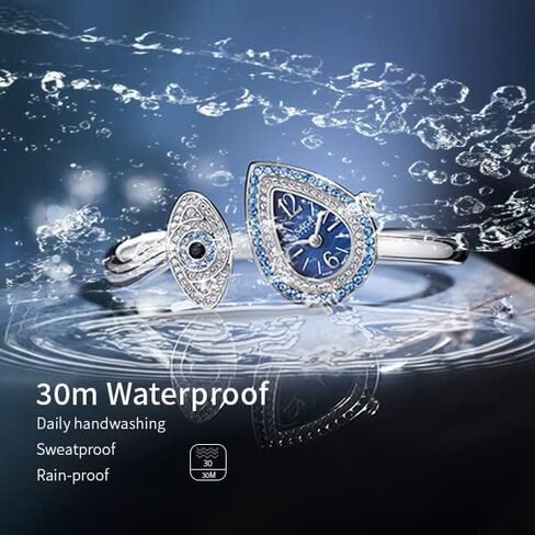 SAGA Angel's Eye Women's Luxury Cuff Bracelet Watch, Swiss Ronda Quartz Movement, Teardrop-Shaped Dial, 30M Water Resistant, 316L Stainless Steel Bracelet with 129 Danube Crystals in Kuwait
