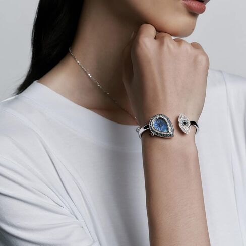 SAGA Angel's Eye Women's Luxury Cuff Bracelet Watch, Swiss Ronda Quartz Movement, Teardrop-Shaped Dial, 30M Water Resistant, 316L Stainless Steel Bracelet with 129 Danube Crystals in Kuwait
