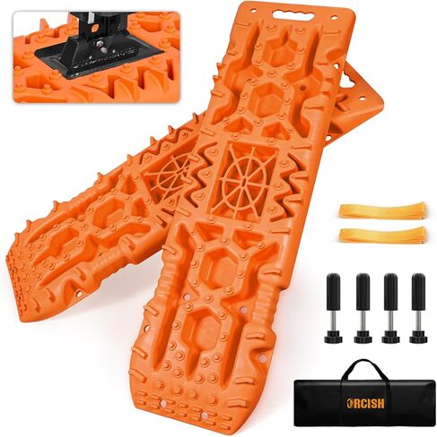 ORCISH New 2PCS 42''x12.2'' Large Recovery Traction Boards with Jack Lift Base, Traction Tire ladder and Mat for Sand Snow Mud 4WD, Recovery Gear with 4 Mounting Pins and Carry Bag in Saudi Arabia
