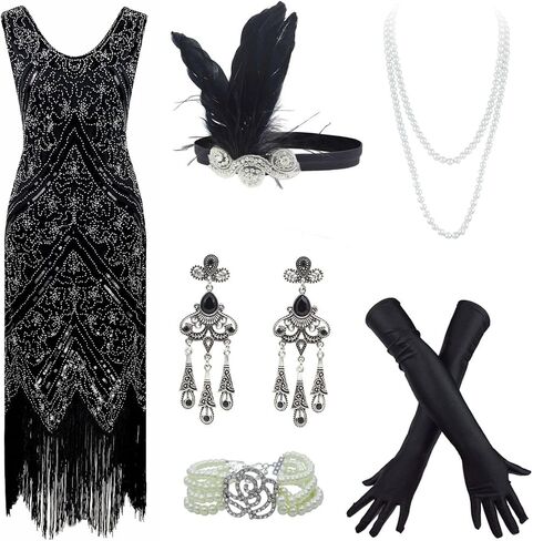 20s Flapper Gatsby Sequin Beaded Evening Cocktail Dress with Accessories Set in Saudi Arabia