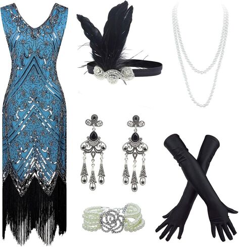 20s Flapper Gatsby Sequin Beaded Evening Cocktail Dress with Accessories Set in Saudi Arabia