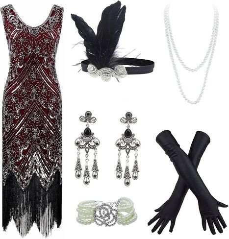 20s Flapper Gatsby Sequin Beaded Evening Cocktail Dress with Accessories Set in Saudi Arabia