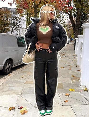 Black Faux Leather Pants for Women High Waisted Flare Cargo Pants Y2k Straight Wide Leg Pleather Pants with Pockets in Saudi Arabia