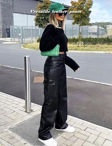 Black Faux Leather Pants for Women High Waisted Flare Cargo Pants Y2k Straight Wide Leg Pleather Pants with Pockets in Saudi Arabia