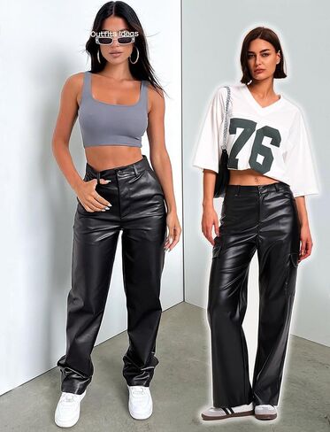 Black Faux Leather Pants for Women High Waisted Flare Cargo Pants Y2k Straight Wide Leg Pleather Pants with Pockets in Saudi Arabia