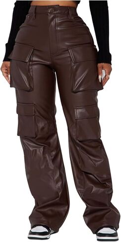 Women's Faux Leather Cargo Pants Baggy High Waist Wide Leg Y2K Trousers with 6 Pockets in Saudi Arabia