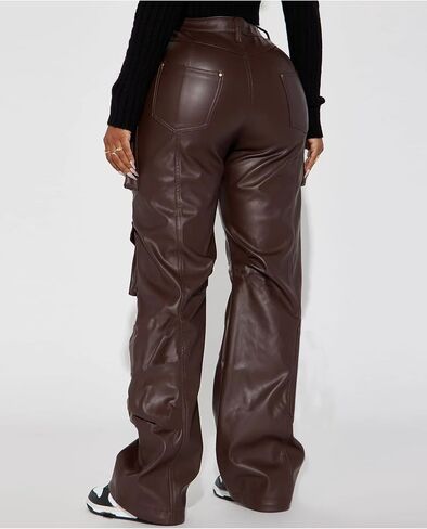 Women's Faux Leather Cargo Pants Baggy High Waist Wide Leg Y2K Trousers with 6 Pockets in Saudi Arabia