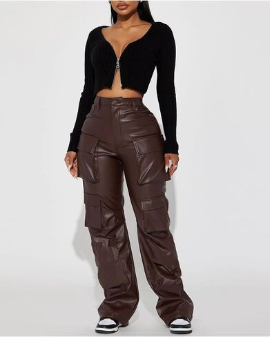 Women's Faux Leather Cargo Pants Baggy High Waist Wide Leg Y2K Trousers with 6 Pockets in Saudi Arabia