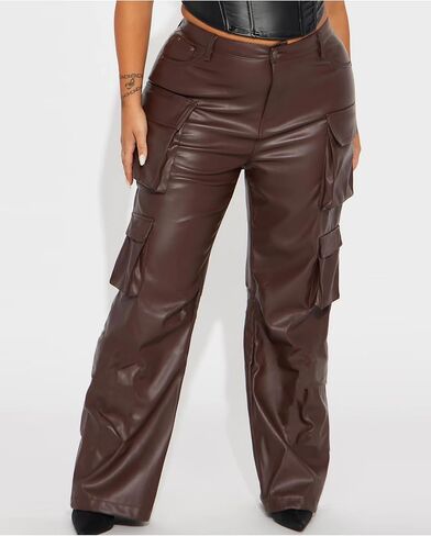 Women's Faux Leather Cargo Pants Baggy High Waist Wide Leg Y2K Trousers with 6 Pockets in Saudi Arabia