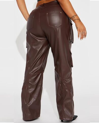 Women's Faux Leather Cargo Pants Baggy High Waist Wide Leg Y2K Trousers with 6 Pockets in Saudi Arabia