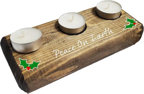 Holiday Sayings (Funny & Festive) Home Decor, 3 Tea Light Candle Holder, Deep Green Stained Wood (Espresso Brown, Peace On Earth) in Saudi Arabia