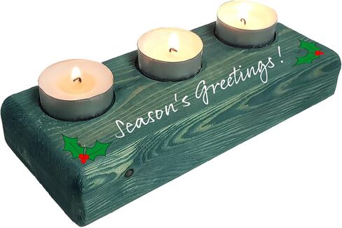 Holiday Sayings (Funny & Festive) Home Decor, 3 Tea Light Candle Holder, Deep Green Stained Wood (Espresso Brown, Peace On Earth) in Saudi Arabia
