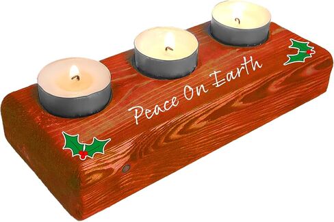 Holiday Sayings (Funny & Festive) Home Decor, 3 Tea Light Candle Holder, Deep Green Stained Wood (Espresso Brown, Peace On Earth) in Saudi Arabia