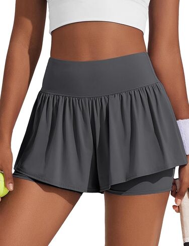 PINSPARK 2 in 1 Running Shorts for Women Flowy Athletic Short Workout Gym Tennis Skirts High Waisted with Pockets in Kuwait