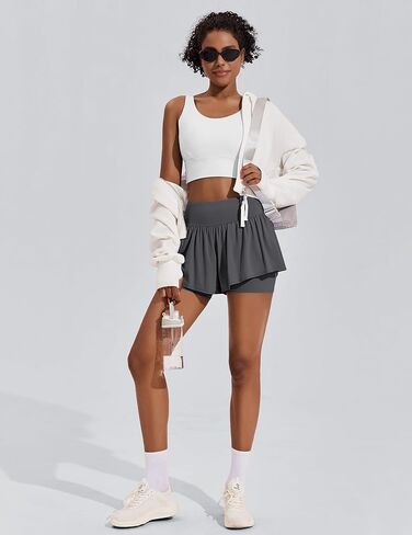 PINSPARK 2 in 1 Running Shorts for Women Flowy Athletic Short Workout Gym Tennis Skirts High Waisted with Pockets in Kuwait