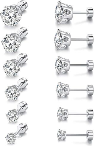 Pack of Round CZ Titanium Screw Flat Back Earrings Hypoallergenic for Sensitive Ears 3-8mm in Kuwait