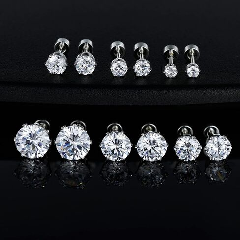 Pack of Round CZ Titanium Screw Flat Back Earrings Hypoallergenic for Sensitive Ears 3-8mm in Kuwait