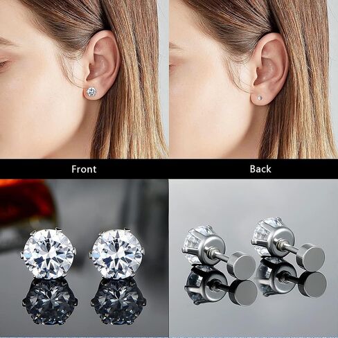 Pack of Round CZ Titanium Screw Flat Back Earrings Hypoallergenic for Sensitive Ears 3-8mm in Kuwait