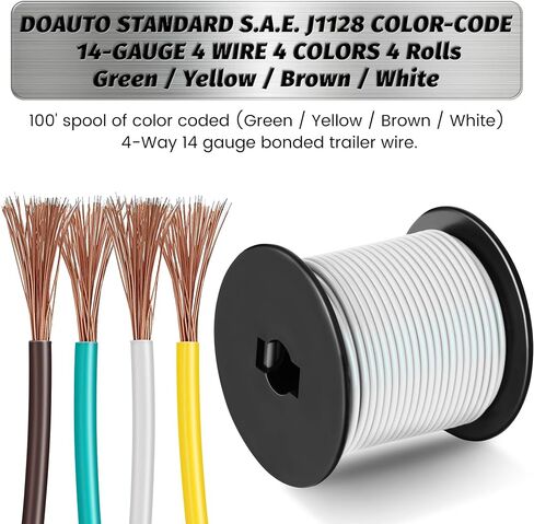 100Foot Bonded 4-Way Trailer RV Camper Towing Boat Wiring Harness Wire Spool, Primary 4-Wire 14 Gauge CCA Trailer RV Wire, Ideal for All Basic Wiring Needs(Green, Yellow, Brown, White) in Kuwait