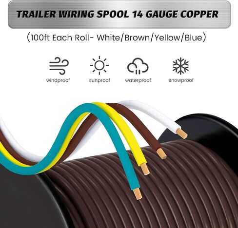 100Foot Bonded 4-Way Trailer RV Camper Towing Boat Wiring Harness Wire Spool, Primary 4-Wire 14 Gauge CCA Trailer RV Wire, Ideal for All Basic Wiring Needs(Green, Yellow, Brown, White) in Kuwait