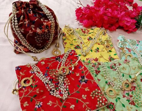 Embroidered Silk Pouch Bag Designer Women Potli Bags Handle Purse Clutch Purse for Women in Kuwait