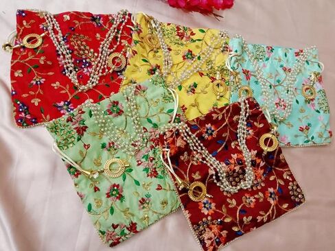 Embroidered Silk Pouch Bag Designer Women Potli Bags Handle Purse Clutch Purse for Women in Kuwait