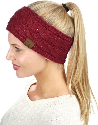 C.C سباركلي الترتر الشتاء الدافئة كابل متماسكة غامض مبطن عصابة رأس لتدفئة الأذن، بورجوندي in Kuwait