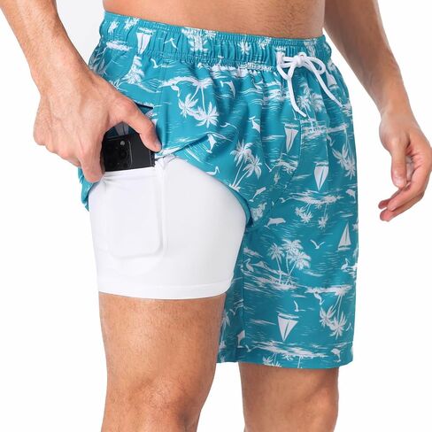 Mens Swim Trunks with Compression Liner, 7" Quick Dry Bathing Suits Stretch Swimming Shorts Men's Swimwear in Kuwait