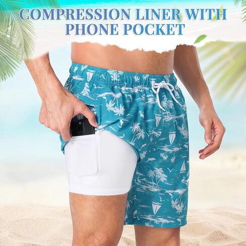 Mens Swim Trunks with Compression Liner, 7" Quick Dry Bathing Suits Stretch Swimming Shorts Men's Swimwear in Kuwait