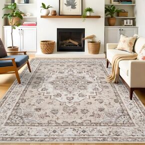 Washable Living Room Area Rug - 8 x 10 Stain Resistant Medallion Soft Bedroom Rugs Distressed Design Non Shedding Carpet for Indoor Outdoor Floor Coverings (8x10 Black)