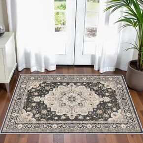 Washable Living Room Area Rug - 8 x 10 Stain Resistant Medallion Soft Bedroom Rugs Distressed Design Non Shedding Carpet for Indoor Outdoor Floor Coverings (8x10 Black)