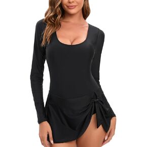 NESY US S Size Bathing Suit for Women Long Sleeve Swimsuit Swim Dress UPF 50+ One Piece Swimsuit Women with Skirt Rash Guard
