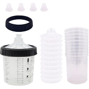 600ml Disposable Paint Spray Gun Cup for Automotive Paint Gun, HVLP Paint Spray Paint Gun, 10 Pack Standard Size 20 Ounce Kit Paint Mixing Cups - 10 Cup Liners, 10 Lids with Strainer, 1 Hard Cup
