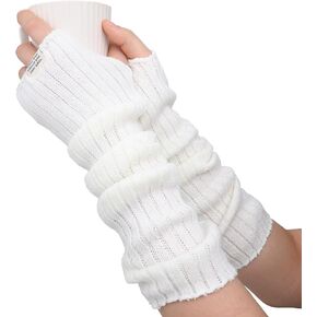 Arm Warmers Womens White Knitted Arm Sleeve Winter Long Fingerless Gloves Girls Arm Cover with Thumb Hole