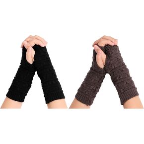 Leoparts Cable Knitted Arm Warmers Thumb Hole Winter Long Fingerless Gloves