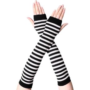 Womens Warm Fingerless Gloves Striped Elbow Length Knitted Stretchy Arm Warmers with Thumb Hole for Women Girls