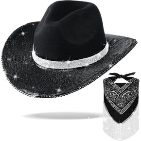 Mepase 2 Pcs Rhinestone Cowgirl Hat Bling Bandana Glitter Cowboy Hat for Disco Parties Western Wedding Cosplay (Classic Style)