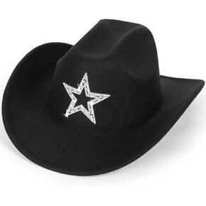 Western Felt-Fedora Cowgirl-Hat for Women Men with Buckle-Belt Bling-Rhinestone Rolled-Up Star Rodeo-Cowboy-Hat